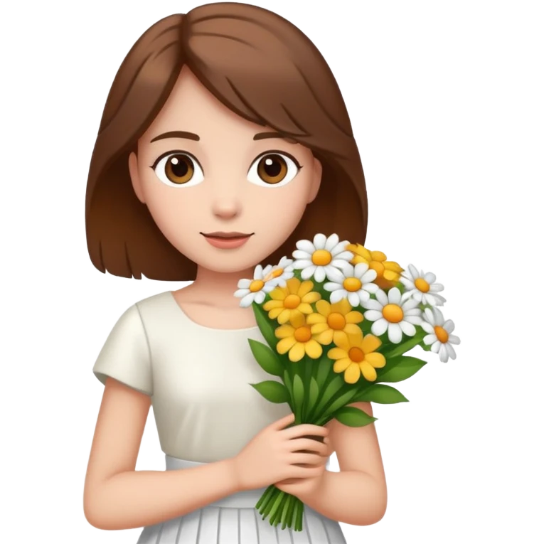 girl with brown hair wearing a white skirt holding a bouquet of flowers emoji