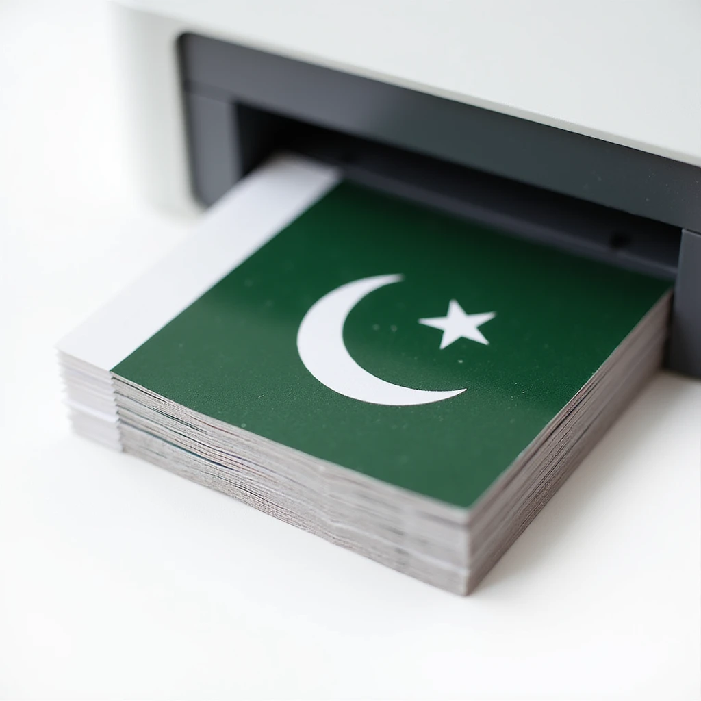 realistic thumbnail for a passport size photo print out service for Pakistan, close-up of a modern printer and a stack of printed passport size photos, with a green accent or Pakistani flag, on a white background emoji