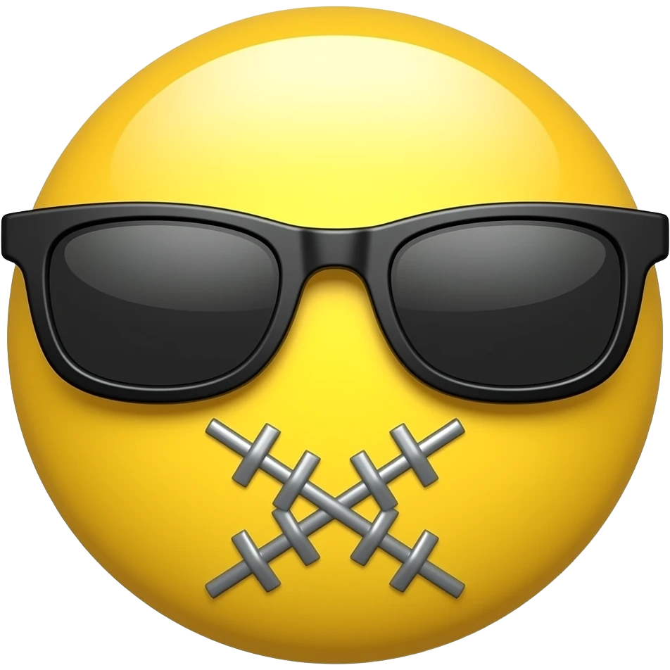 Emoji de cara redonda amarilla con gafas de sol oscuras, la luz se refleja en su superficie, . que el fondo sea negro suturas varias en forma de x boca formada por varias xxxx emoji