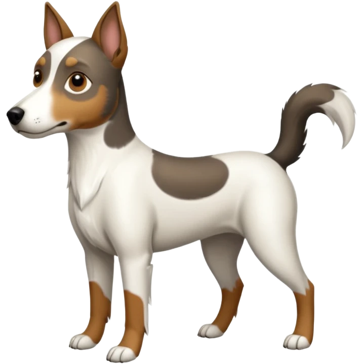 a full body large white floppy eared parson russell looking dog the size of a kelpie with light brown ears and a light brown patch on one eye and a large snout emoji