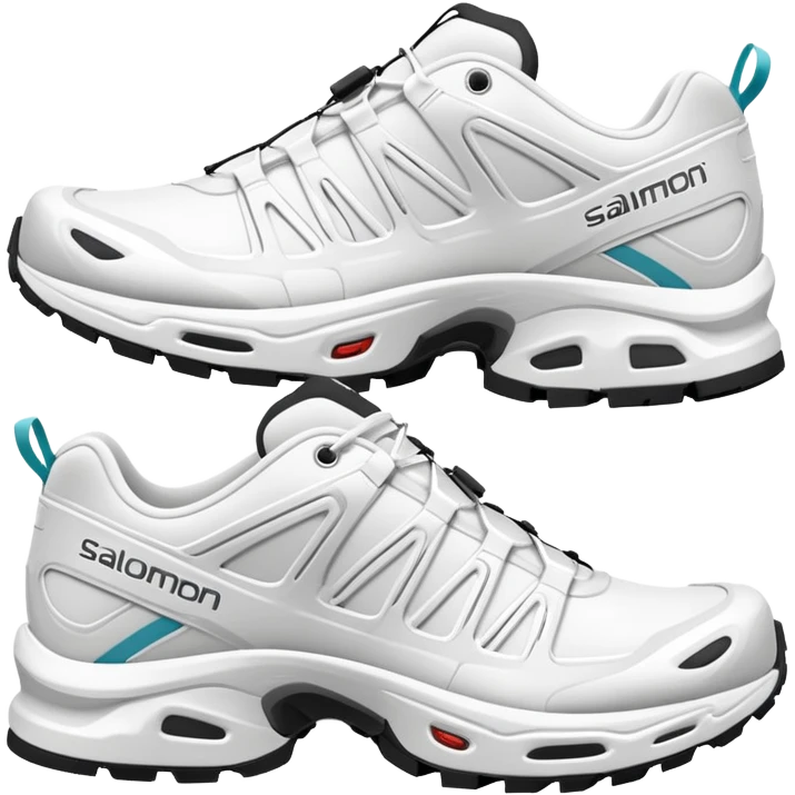 Bare minimum stylized white Salomon XT-6 sneakers in pure iOS emoji style, extremely clean lines, simplified shapes, one shoe behind the other, flat white design emoji