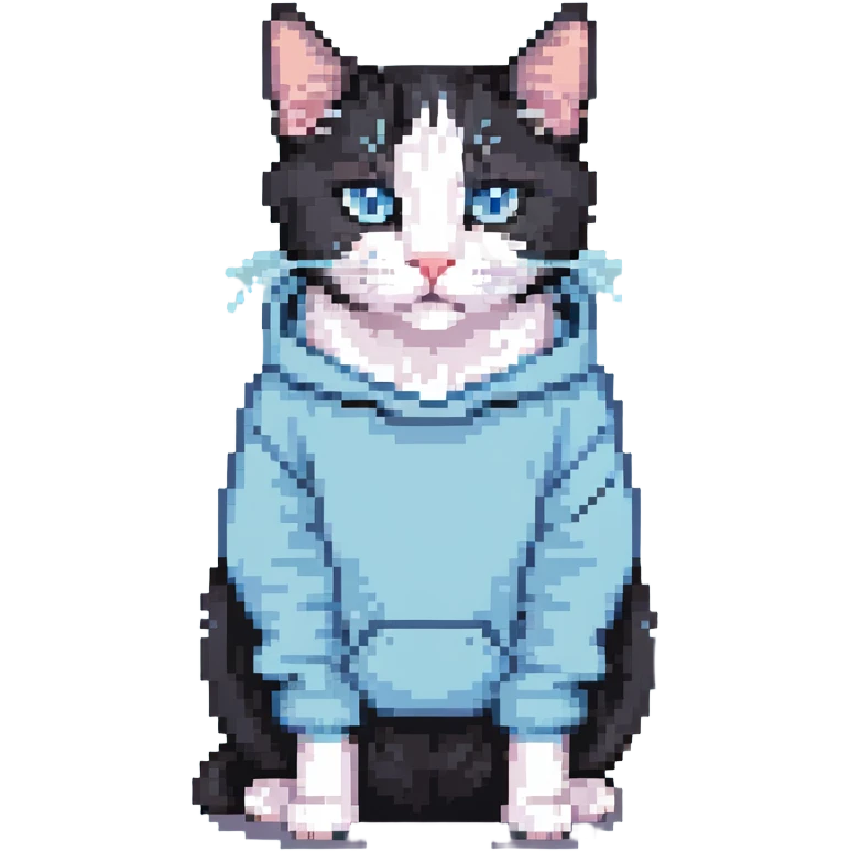 black and white cat wearing light blue sweatshirt emoji