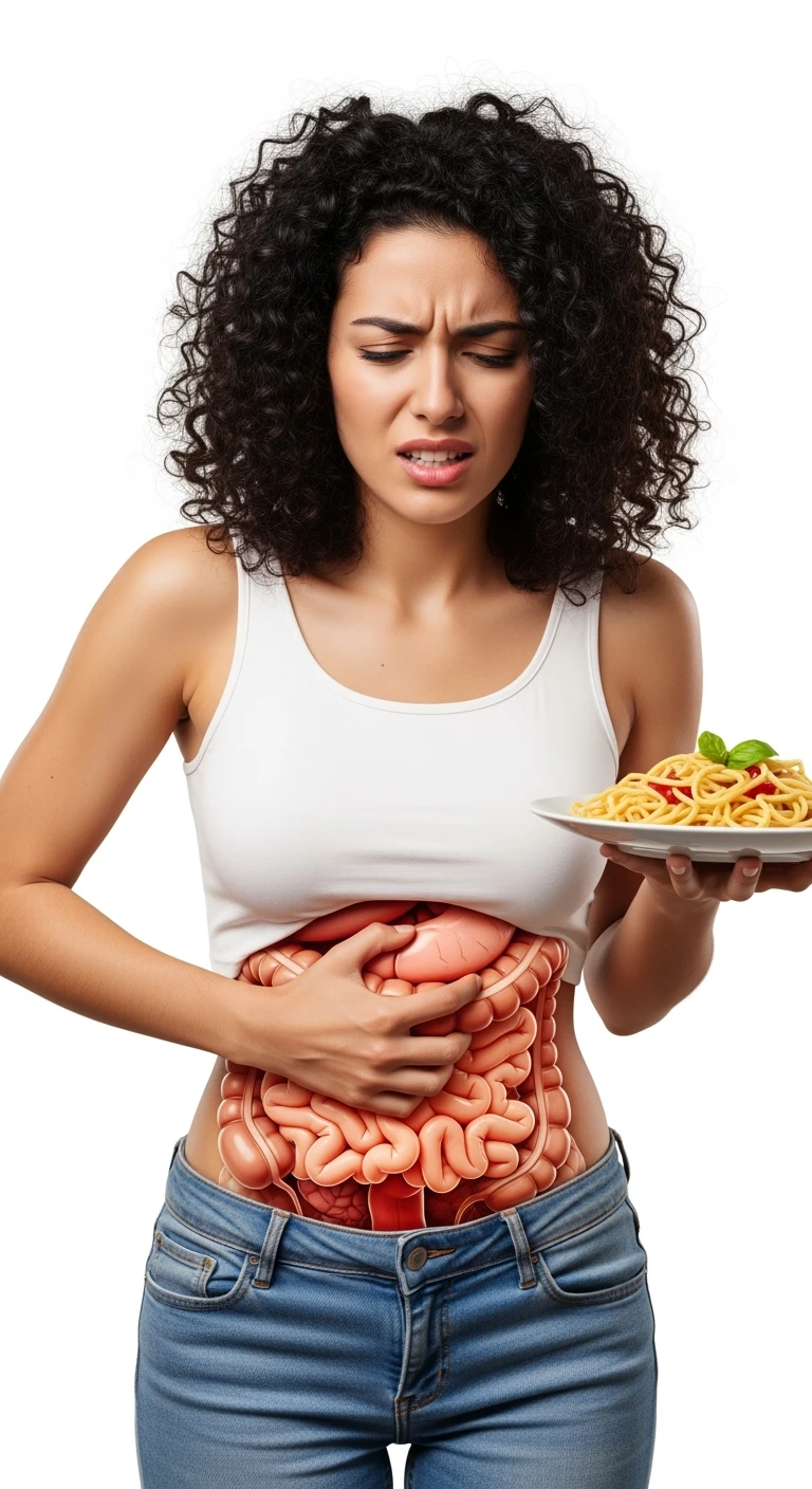 DONNA CON INTESTINO UMANO ANATOMICO REALISTICO IN EVIDENZA E MAL DI PANCIA MENTRE TIENE IN MANO UN PIATTO DI PASTA , IPERREALISTICO 4K, ISOLATO SU SFONDO BIANCO emoji