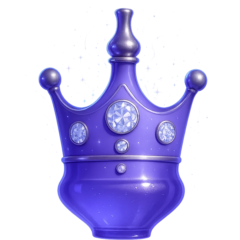 Make this crown into a magical elixir bottle: keep the crown shape and color #7986cb, bottom should merge into a bottle/flask, add bold silver and iridescent accents, intense magical glowing effects, very small neck, seamless bottom, floating, transparent background, no base or shadow, modern, fits a luxury collection. Style: modern luxury collection, transparent background, floating, bold silver and iridescent accents, intense magical glowing effects. emoji