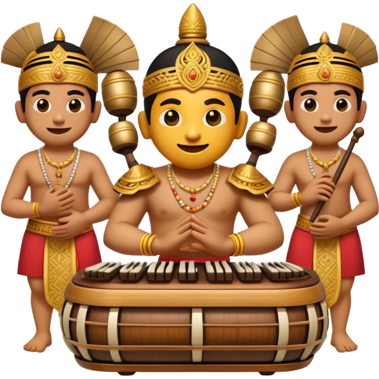 Cinematic Realistic Gamelan Pop Culture Emoji, depicted with an ensemble of traditional Indonesian instruments rendered with rich textures and rhythmic, cultural lighting. emoji