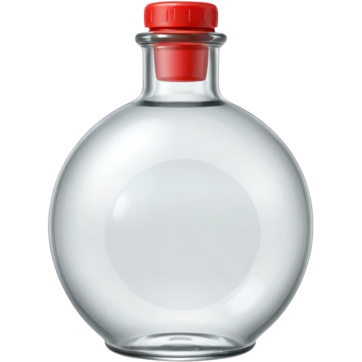 A 3D Apple-style clear glass bottle emoji, completely empty, smooth and shiny transparent surface, simple round body with a short neck and small cap, light reflections on the glass, clean minimal background. emoji