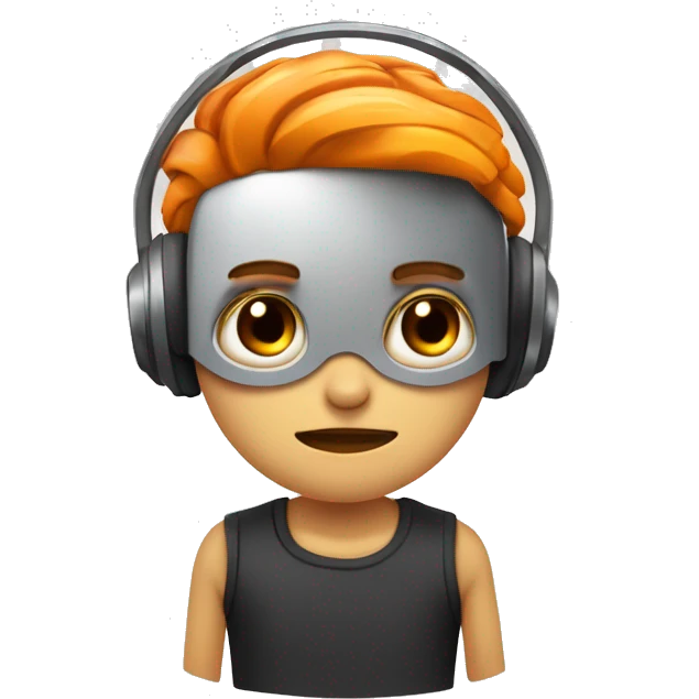Humano con brazos de robot y blanco, rubio, ojos negros,pupilas naranjas y piercing en la oreja emoji