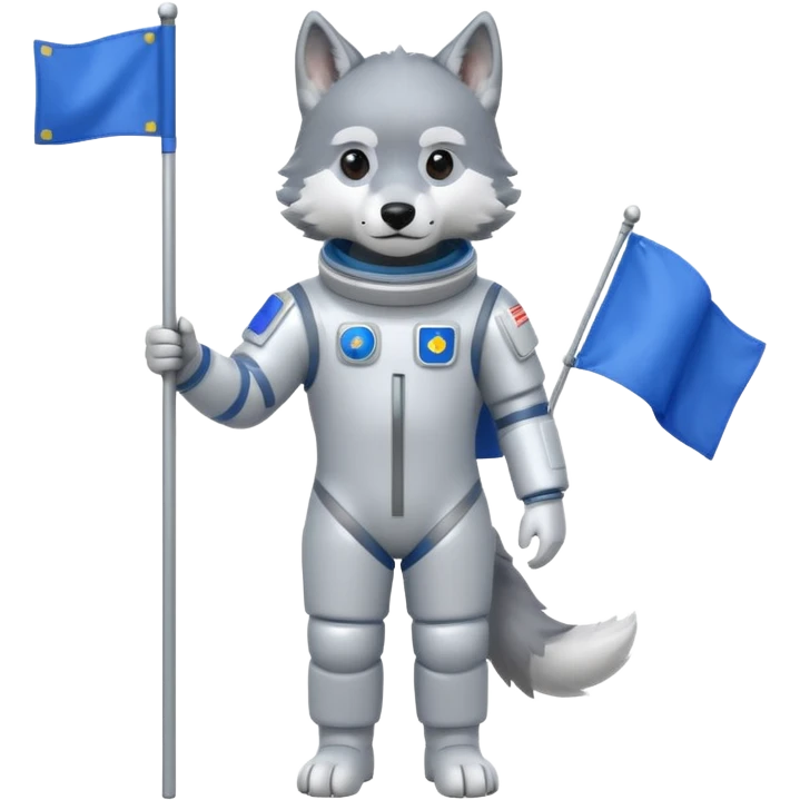 a wolf in space suit, holding blue rectangle flag, full body, front view emoji
