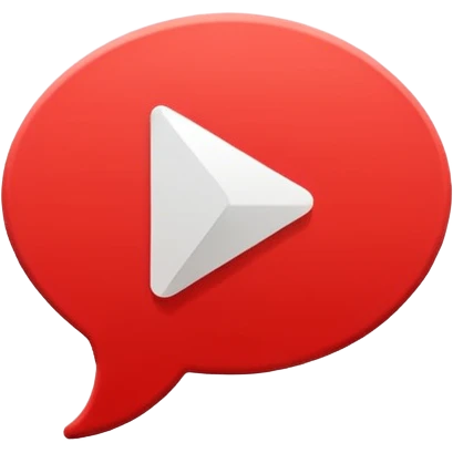 Minimal design featuring a red speech bubble that contains a white play button. On a white background, no text. Suggests intelligent conversation about video content. Clean, modern and tech-oriented emoji