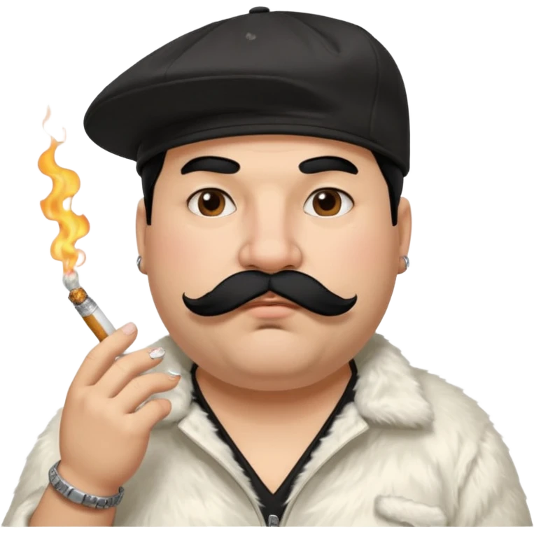 a fat father with white fur, black hair, a hip hop cap, a tattoo with a cigarette in his mouth, and a mustache. emoji