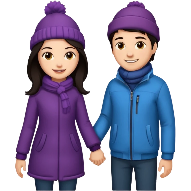 date night christmas couples, dark hair, holding hands, looking at each other, wearing a winter outfits emoji