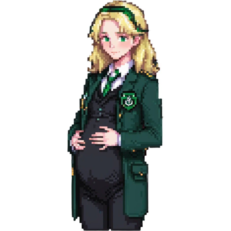 pregnant male in Slytherin uniform, blonde hair, pale skin emoji