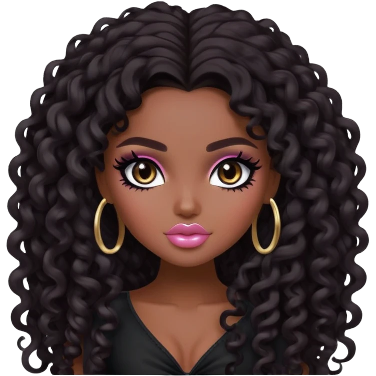  long curly dark hair, dark skin skin, dark brown eyes, pretty bratz baddie, black eyeliner, blush emoji