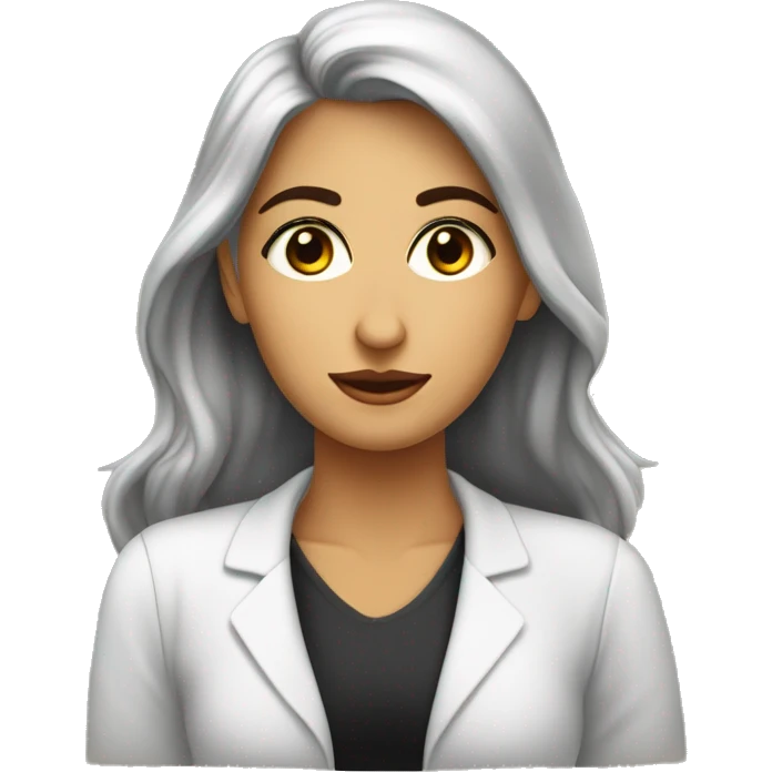 Crea un avatar de medio cuerpo de una psicóloga morena  con grandes ojos cafés, rostro delgado, cabello largo negro emoji