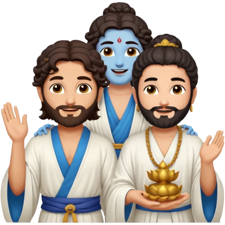 Create a Jesus - long wavy dark-brown hair, short beard, wearing a simple white robe., Krishna- blue skin with dark curled hair , and Buddha standing together. Buddha: warm golden or light tan skin, dark curled hair with a traditional top bun (ushnisha)

 emoji