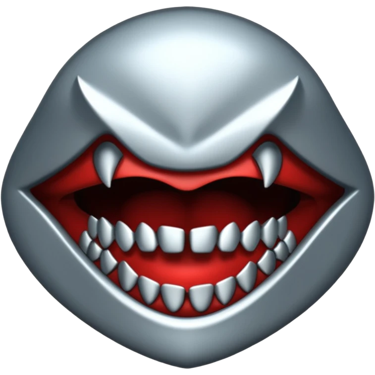 Stylized emoji icon of metallic teeth with sharp fangs, chrome texture, dark shadows, aggressive look emoji