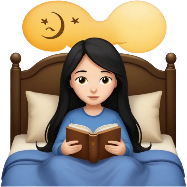 Girl black long hair reading book sleepy bed emoji