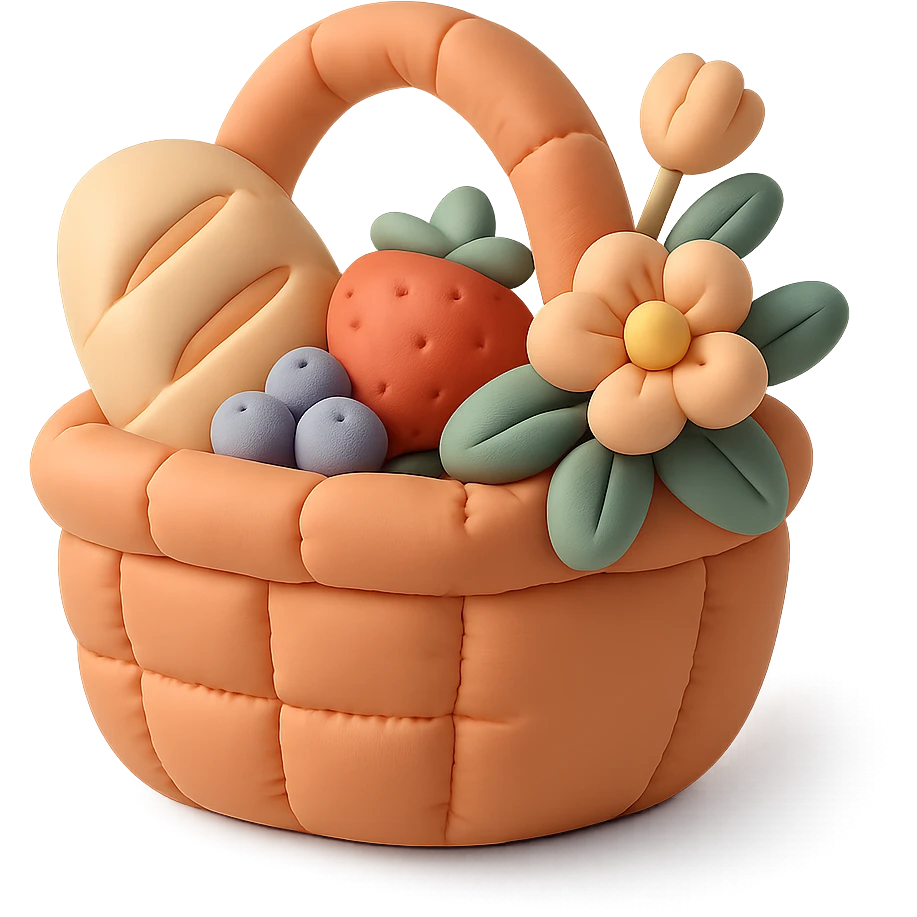 picnic basket with berries, bread, and flowers in warm pastel shades, cushion style emoji