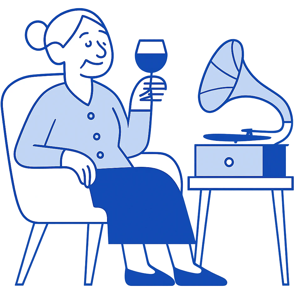 elderly woman relaxing with wineglass and gramophone emoji