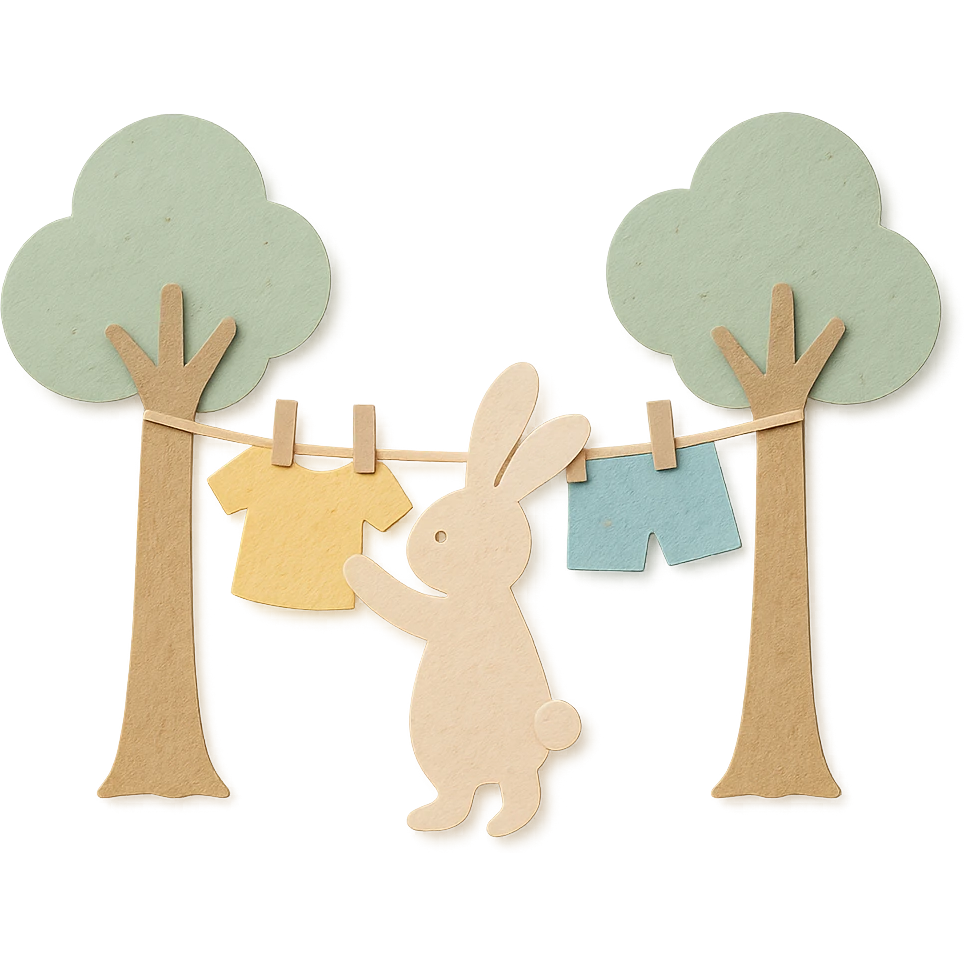 bunny hanging laundry between trees, calming domestic forest feel, soft pastel colors emoji