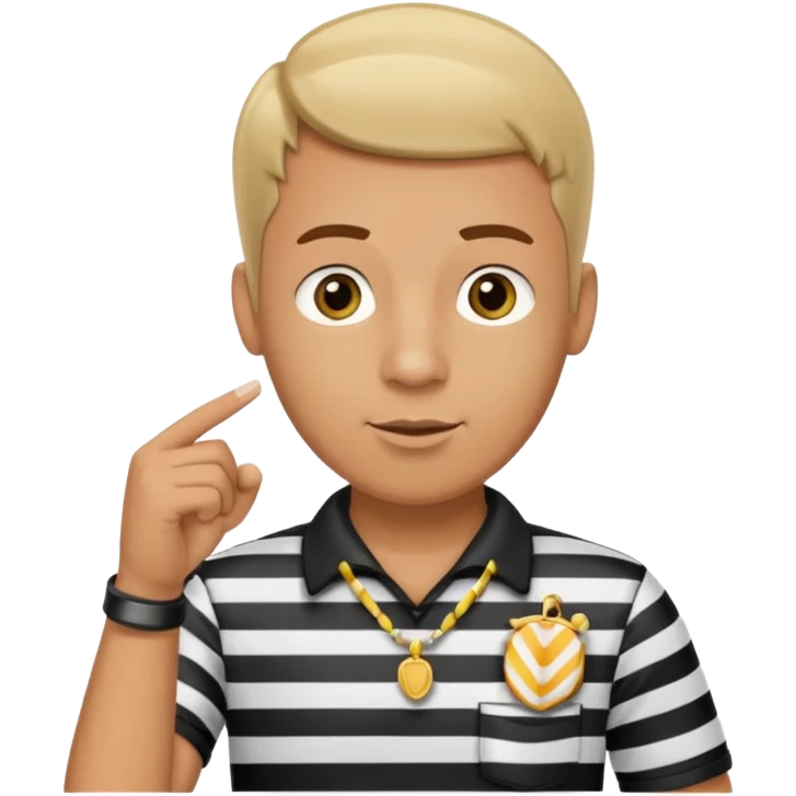 A calm referee with striped shirt, pointing clearly toward the field wearing whistle as a necklace emoji