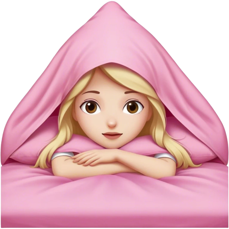 Girl laying on bed with pink covers over head emoji
