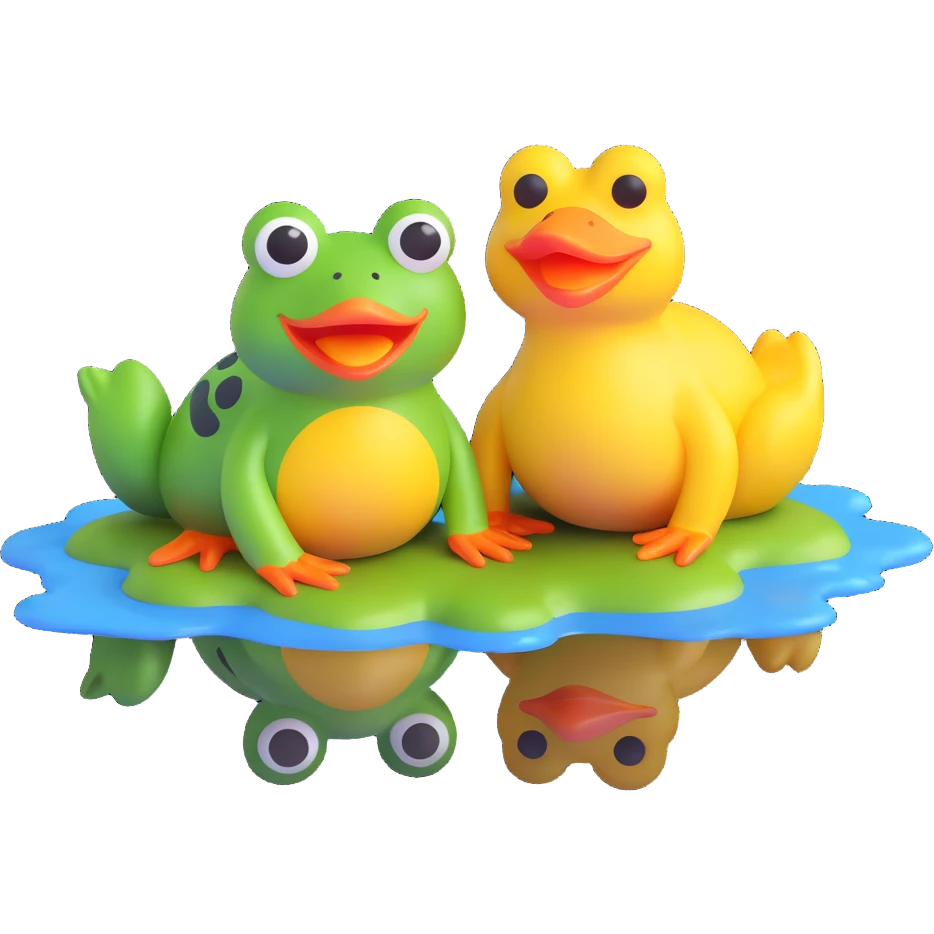 happy frog and duck together in a puddle, emoji style emoji