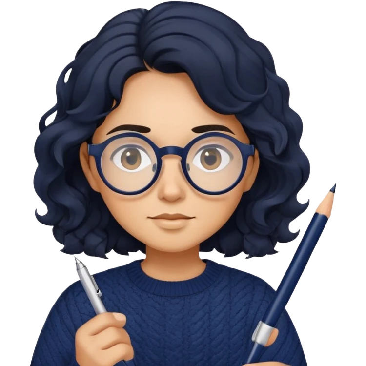 Reliable-looking designer with wavy black hair, round glasses, navy blue sweater, organized, holding pen with competent expression emoji