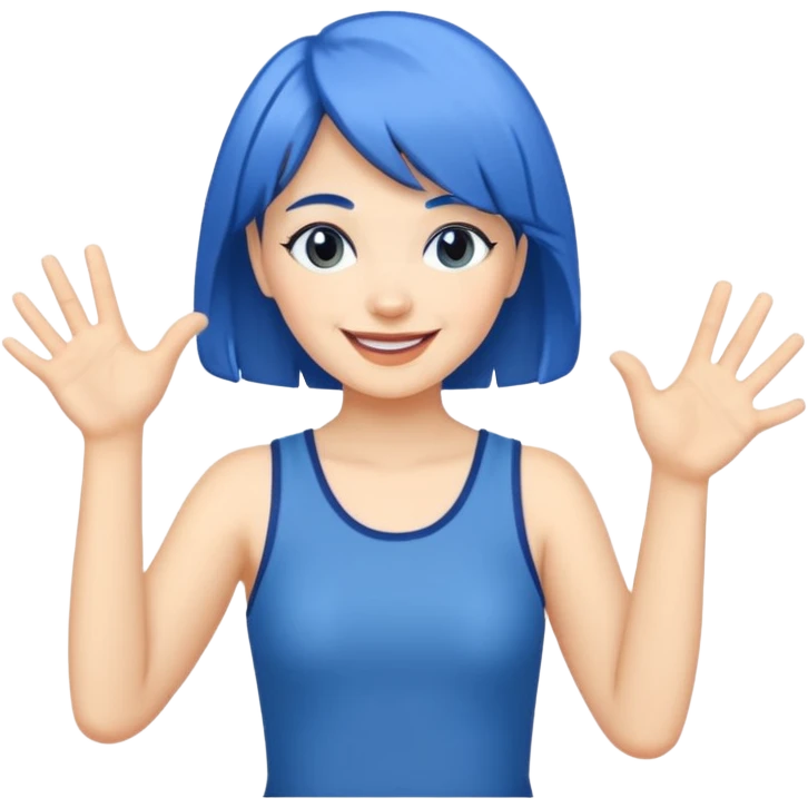 Woman with medium length blue hair doing jazz hands emoji