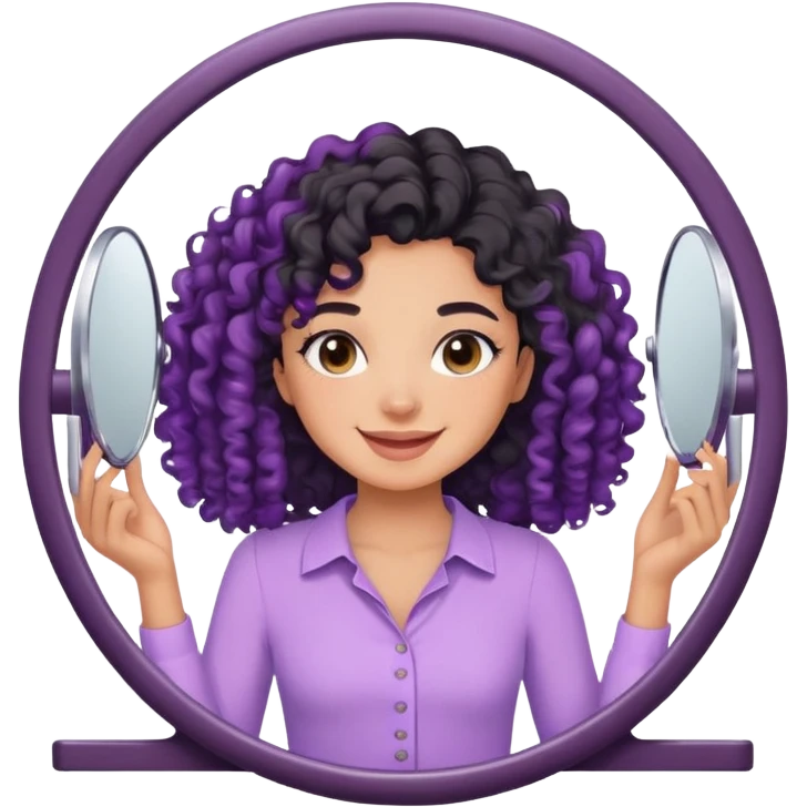 Um menina de cabelo cacheado preto com uma blusa lilás sorrindo se arrumando no espelho  emoji