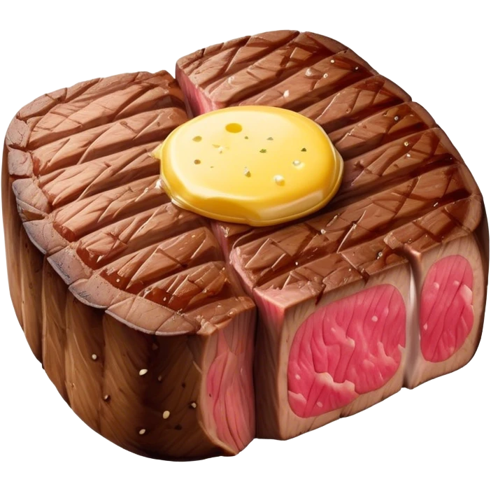 Cinematic thick-cut steak, perfectly seared with grill marks, a juicy pink center, butter melting on top, rich and savory, warm glow, sizzling and mouthwatering, highly detailed and appetizing. emoji