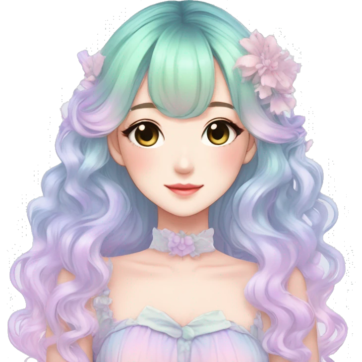 gorgeous pretty attractive anime lady beautiful pastel-gradient hair with a gorgeous dress fairycore cottagecore pastelcore detailed high quality trending VOGUE aesthetic emoji