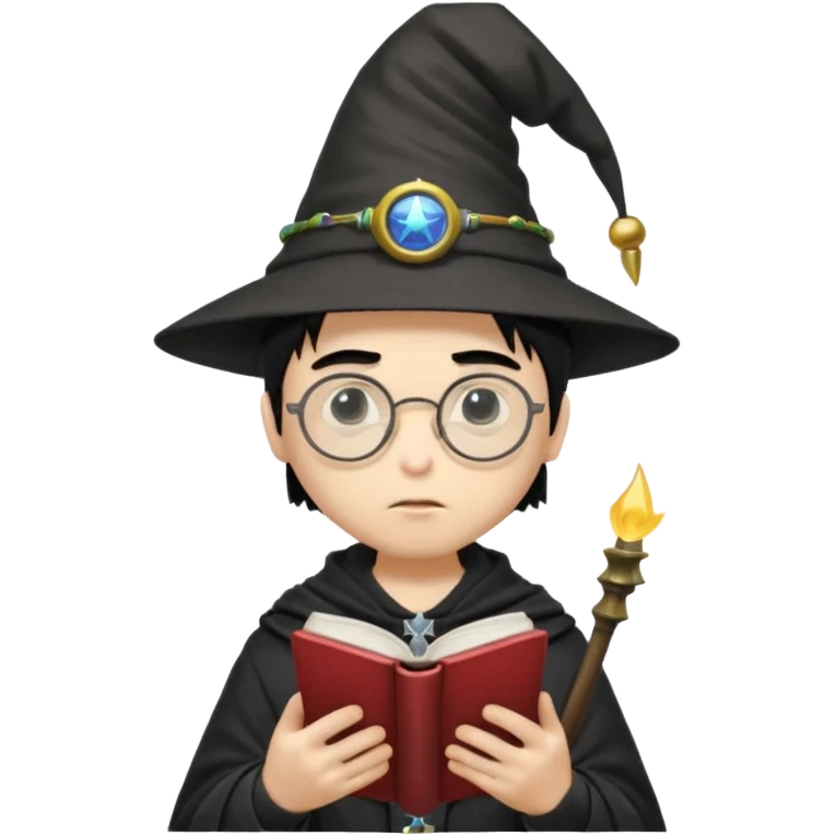 ["A sad boy with light skin, straight hair, wearing a wizard hat and round glasses, dressed in punk fashion, is reading a book while holding a phone."] emoji