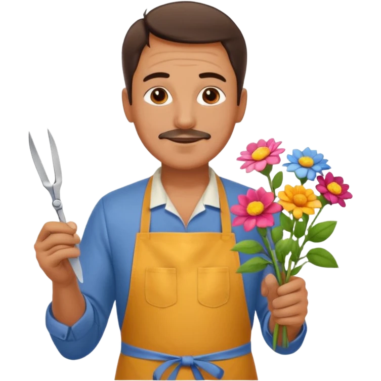 Middle-aged male florist – apron on, trimming stems with scissors emoji