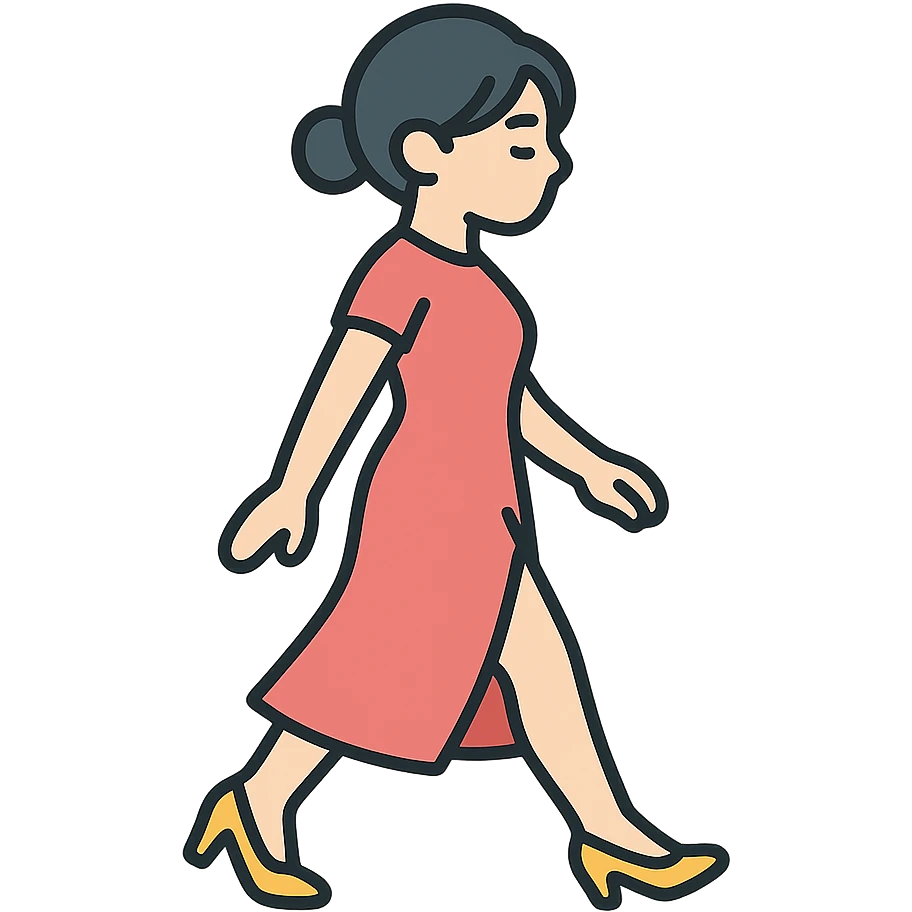 A girl walking from left to right, side view, wearing a red dress with a slit and high heels, eastern style, thin clean outlines, soft rounded shapes, detailed drawing with shadows and highlights, pastel palette #98B5BC, #B5B3C1, #C9A3C9, #E4C0CA, #F7DCD1, #F7C0AA, modern Japanese pop art, soft lighting, transparent background, no extra decoration, focus on movement and elegance emoji