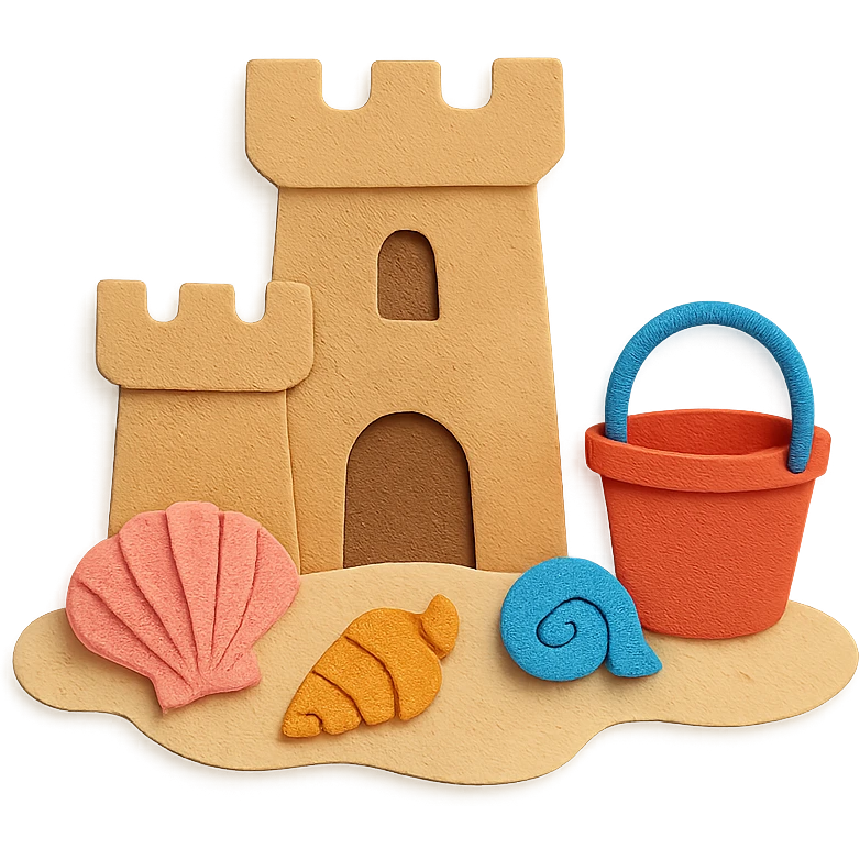 sand castle with seashells and a small bucket, bright colors, paper-craft style emoji