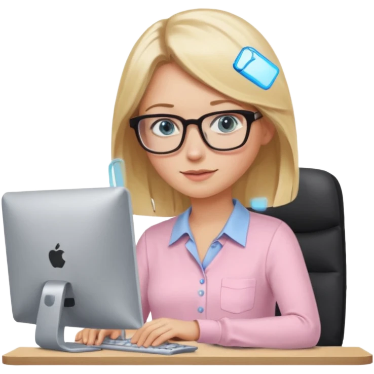 redattrice editoriale. Bionda, capelli lisci biondo scuro, lunghezza media. Occhi azzurri/blu con occhiali. è al pc a lavorare. Indossa una camicetta rosa chiaro emoji