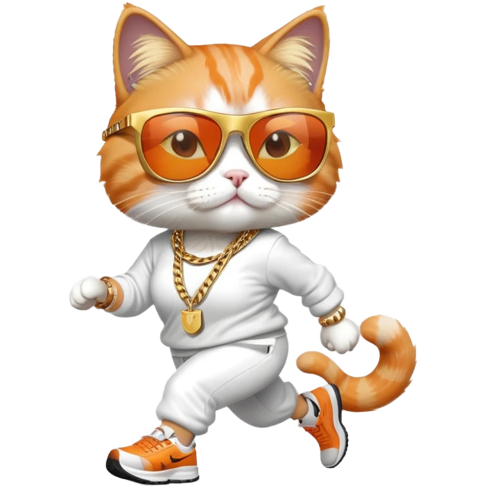female cat wearing Run DMC hip-hop outfit, gold chains, dark sunglasses, jogging emoji