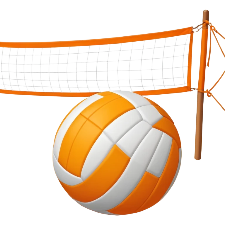 The scene captures a sunny sea beach atmosphere with clear blue sea and sky, palm trees swaying, and people in swimsuits enjoying the vibrant surroundings. A volleyball resting on the orange sand ground of a beach, with a volleyball net in the background.  emoji