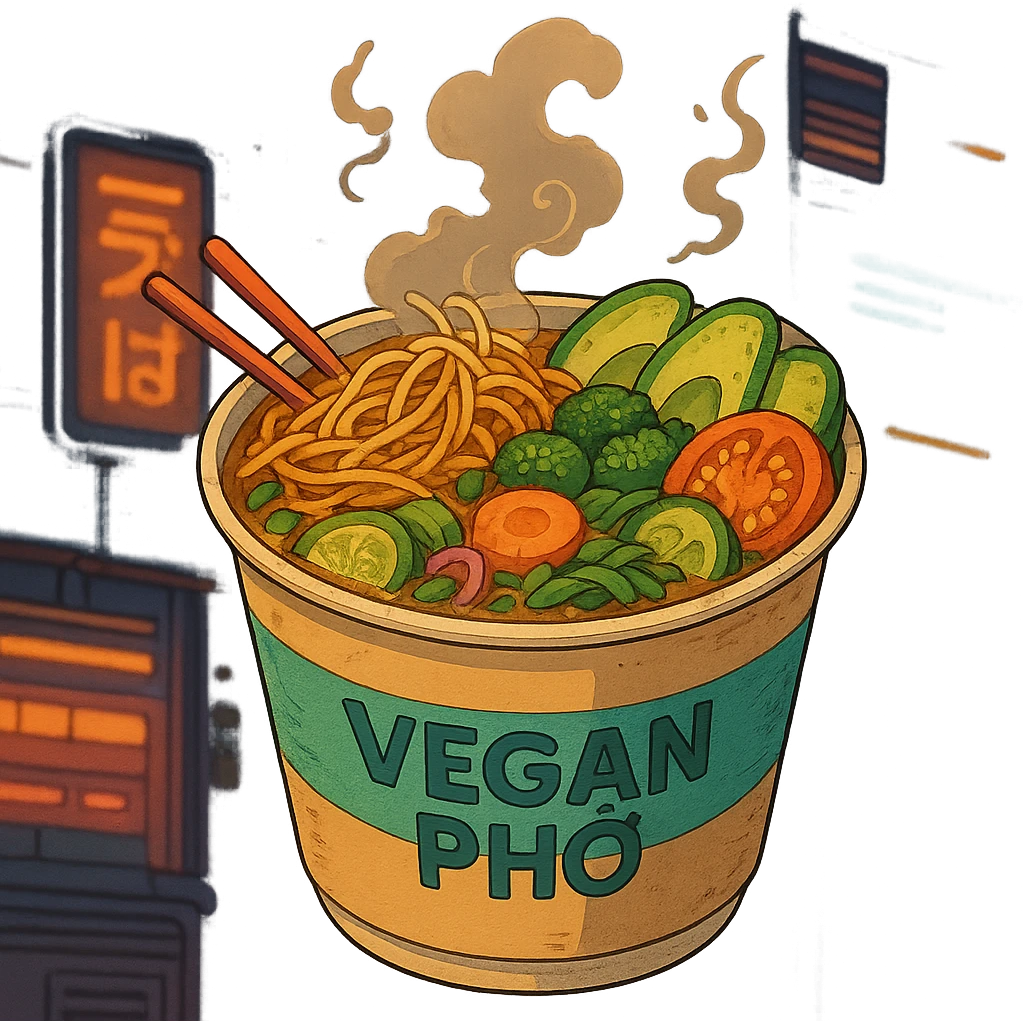 cyberpunk futuristic, scifi, a bowl of delicious VEGAN pho, ramen, 1990s, paper cup emoji