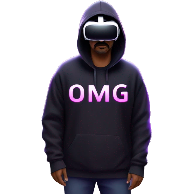 Big Lebowski wearing a black hoodie with "OMG" letters on it and VR headset oculus quest 2 in a cyberpunk VR environment with violet neon lighting. emoji