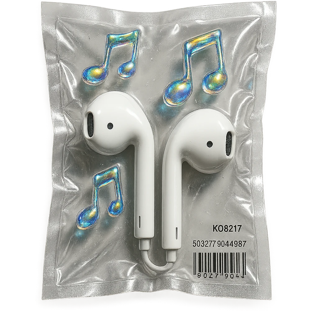 pair of white EarPods with three floating iridescent glass music notes, shiny and puffy, vacuum-sealed style emoji