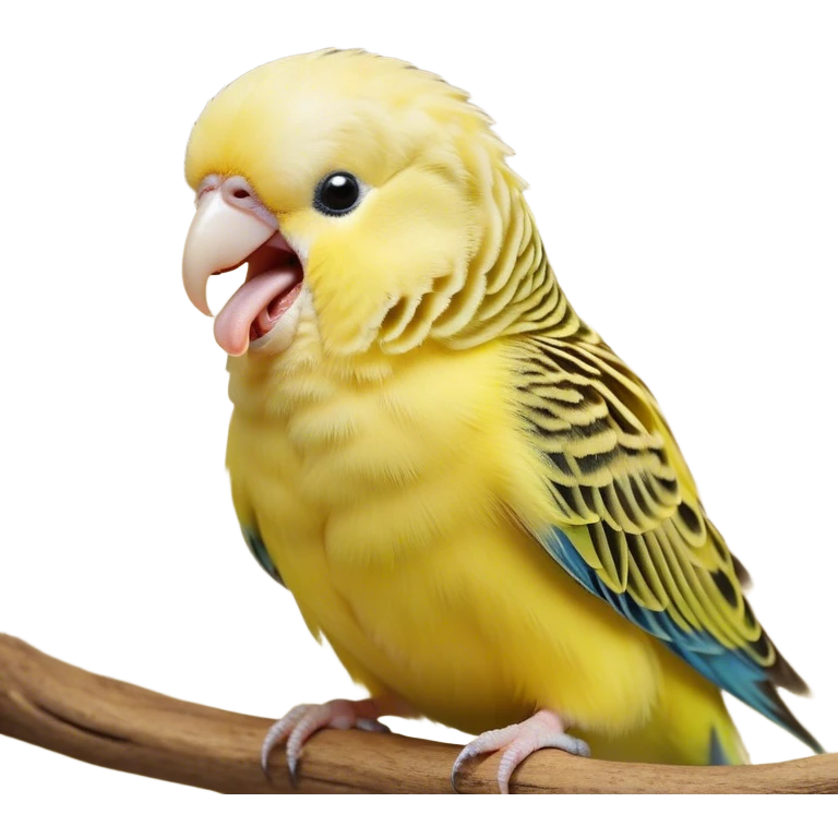 Cinematic Cute Yawning Yellow Budgie Portrait Emoji, Head tilted slightly with a dramatic, wide-open yawn, showcasing a soft, downy yellow feathered fur with gently drooping wings, round dark eyes barely open in drowsy contentment, Simplified yet irresistibly adorable features, highly detailed, glowing with a soft, cozy glow, high shine, relaxed yet expressive, stylized with a touch of whimsy, bright and endearing, soft glowing outline, capturing the essence of a sleepy yet affectionate budgie, so drowsy it feels like it could stretch out of the screen and curl up for a nap! emoji