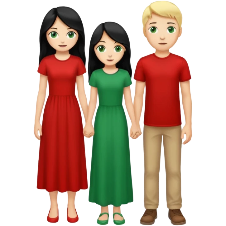 full-length couple, girl with long black hair and green eyes in red dress, boy with blonde hair in white t-shirt emoji