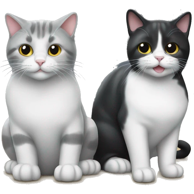 two cats: one that is grey and white, and one that is black emoji