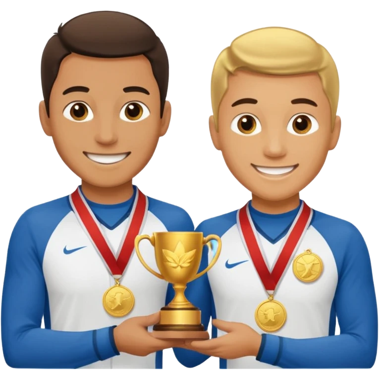 winner ceremony with one guy handing another guy a trophy. One of them having a medal around his neck. the other not emoji