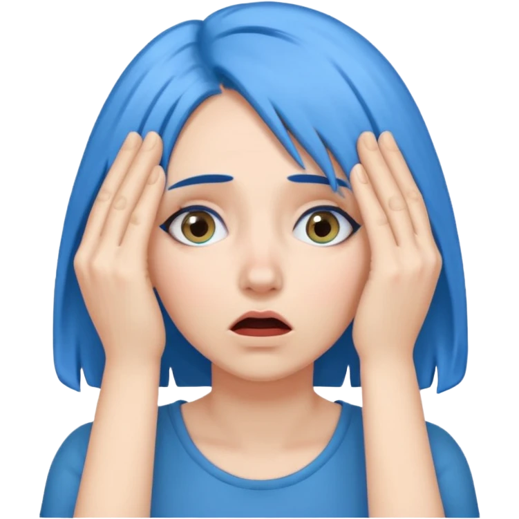 Woman with blue hair with hands over her eyes in shock emoji