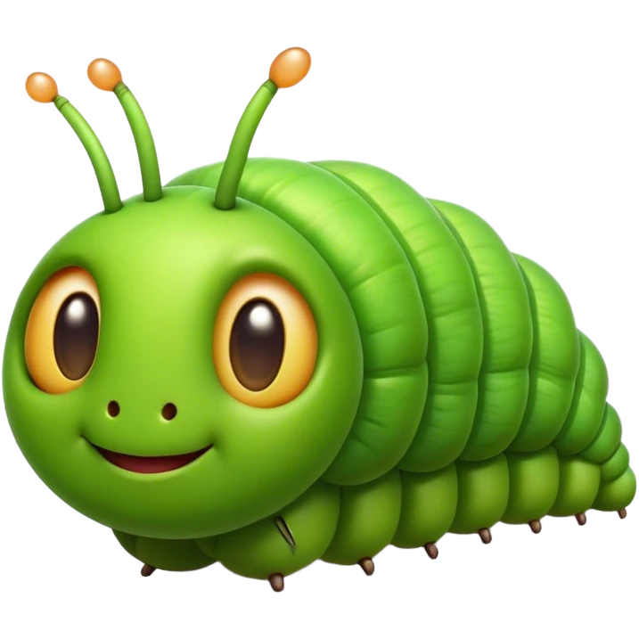 Cinematic Realistic Cute Caterpillar Portrait Emoji, Head tilted playfully and inquisitively, featuring a compact, segmented body in bright, vibrant green with delicate, inviting textures and a charming, rounded face with sparkling eyes full of curiosity, rendered with lifelike detail and natural highlights, high shine, affectionate and spirited, styled with a touch of garden whimsy, soft glowing outline, capturing the essence of a mischievous yet lovable caterpillar that seems poised to crawl cheerfully into your arms! emoji