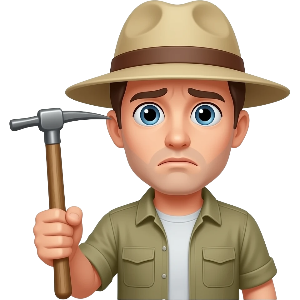 Geologist thinking worried with floppy hat and a geological pick emoji