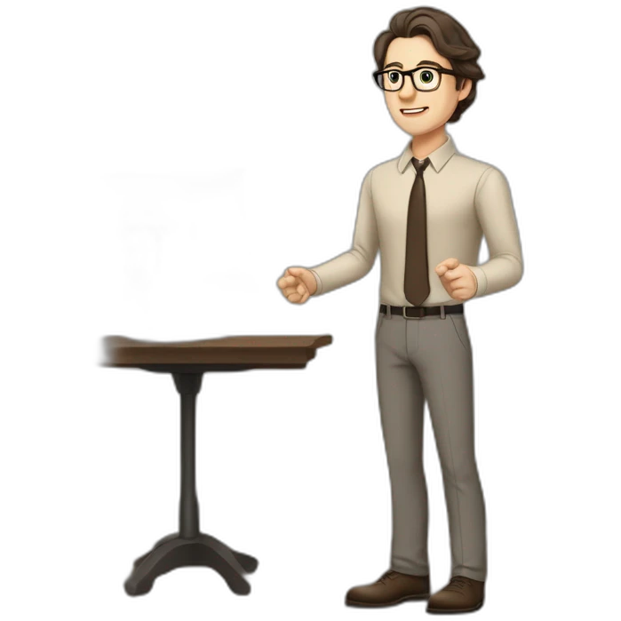 Full height Pale skinned fit man with dark brown hair in gray jacket, beige office shirt, brown tie, brown pants and vintage glasses. His right hand stretched out emoji